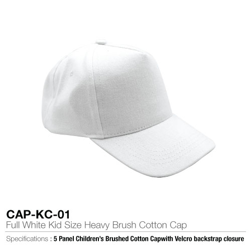 Cotton Kid size 5 panel cotton caps with velcro strapback closure.